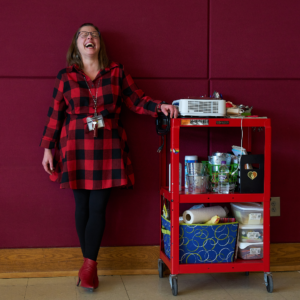 Associate Professor Berne Bendel with her rolling cart of helpful items for students