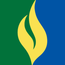 Columbia-Greene Community College logo - yellow flame on background of left half green and right half blue